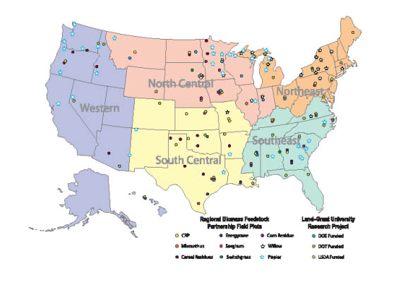 Map showing Field Trail Locations for Feedstock Partnerships in 2011